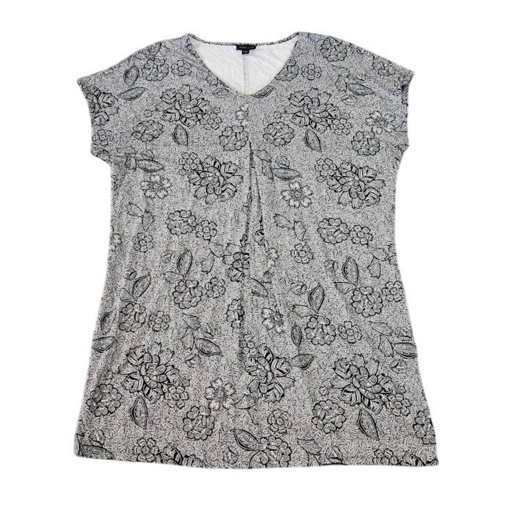 J. Jill Wearever Knee Length Dress XL Petite Black White Floral V-Neck Pleated